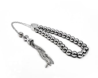 Komboloi, Worry Beads, Silver tone Chain Tassel, Metal Beads with Shield Shaped Master Bead
