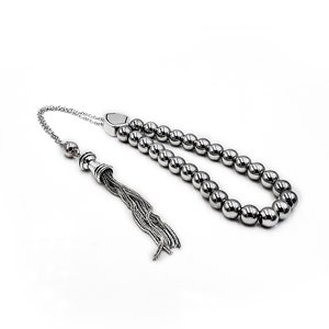 Komboloi, Worry Beads, Silver tone Chain Tassel, Metal Beads with Shield Shaped Master Bead