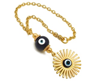 Car Mirror Charm Ornament Dangler, Evil Eye Hanger, Golden Sun, Gift, Decor