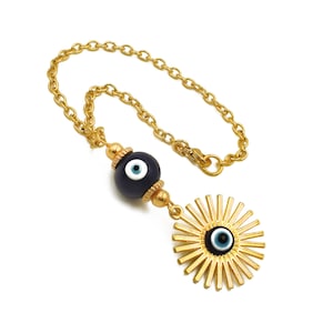 Car Mirror Charm Ornament Dangler, Evil Eye Hanger, Golden Sun, Gift, Decor