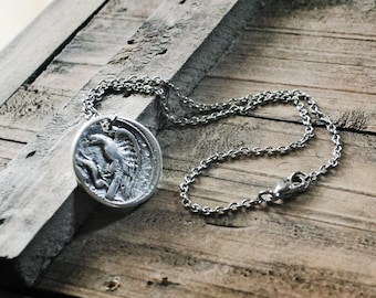 Sicily coin pendant necklace on stainless steel chain, eagle holding snake, Greek Jewelry Gifts