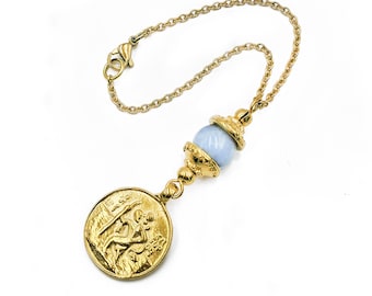 Gold Plated St. Christopher Car Mirror Charm hanging with Mary and Jesus