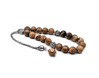 Picture Jasper Worry Beads, Komboloi, Silver Tone Metal Master Bead on Steel Chain, Kompoloi, Christmas Gifts