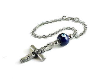 Cross  Mirror Hanging, Car Decoration / Dangler, Rearview Mirror Hanging, Metal Cross Charm, Evil Eye Mirror Hanging, Car Ornament