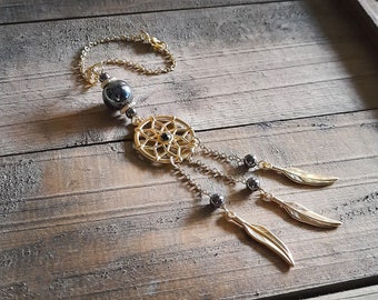 Dreamcatcher Car Mirror Charm, Rearview Ornament Hanger with Hematite Bead, Interior Accessories Gift