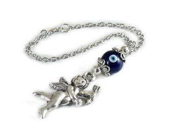 Car Mirror Charm, Angel with wings and arrow, Ceramic Eye Bead, Auto Decoration, Dangler, Gift