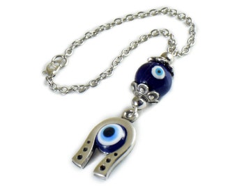 Rearview Car Mirror Charm Hanger Ornament,  Horseshoe Charm,  Evil Eye Blue Ceramic Eye Bead, Car Decoration