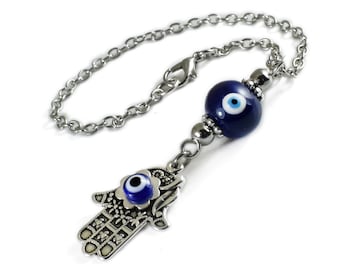 Hamsa Hand Evil Eye Car Mirror Hanging, Hand of God Car Rearview Mirror Ornament, Dangler, Charm, Car Decoration