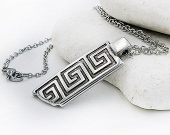 Greek Key Necklace with Stainless Steel Chain, Meander Jewelry Unisex Gift