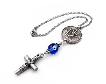 Saint Christopher Car Mirror Charm, Cross Rearview Hanger, Eye Ornament, Accessories, Drivers - Travellers Gift
