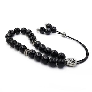 Komboloi, Worry Beads with Black Acrylic Beads 12mm, Silver Tone Metal Master Bead, Unisex Christmas gifts
