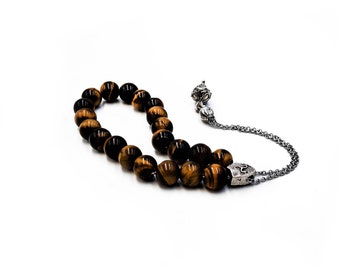 Komboloi, Worry Beads with Tiger Eye Beads and Silver tone Metal Master Bead on Chain, Fathers Day gifts