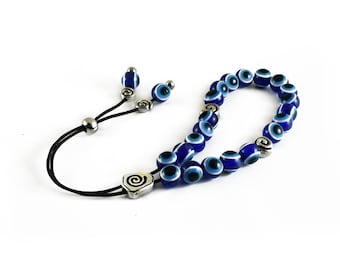 Blue Evil Eye Greek Komboloi Handmade Worry Beads with Spiral Design Metal Master Bead