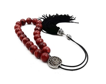 Worry Beads, Komboloi with Dark Red Acrylic Beads, Metal Master Bead and Handmade Tassel, Unisex gift