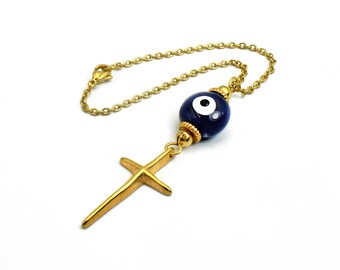 Cross Car Rear view Mirror Charm Hanger, Evil Eye Hanging Accessories Gift with Blue Ceramic Eye Bead