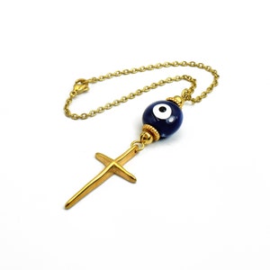 Cross Car Rear view Mirror Charm Hanger, Evil Eye Hanging Accessories Gift with Blue Ceramic Eye Bead