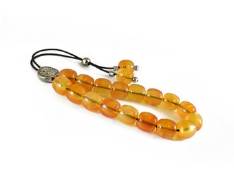 Komboloi, Worry Beads, Orange Drum Beads, Metal Shield Bead
