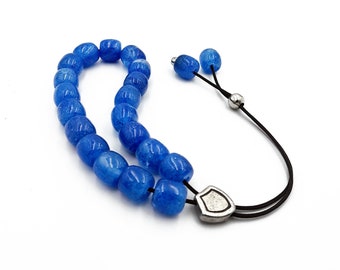 Komboloi, Worry Beads with Blue Barrel Beads, Silver Plated Metal Master Bead, Unisex gift