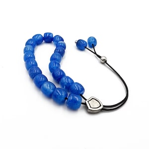 Komboloi, Worry Beads with Blue Barrel Beads, Silver Plated Metal Master Bead, Unisex gift