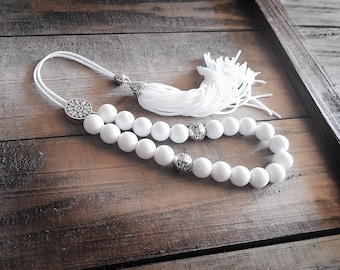 White Greek Komboloi, Worry Beads, Acrylic, Handmade Tassel