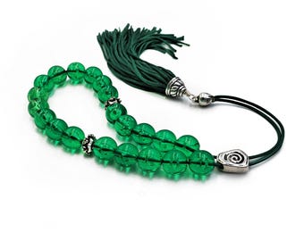 Green Greek Komboloi, Handmade Worry Beads with Acrylic Beads & Tassel