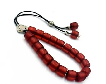 Komboloi, Worry Beads with Deep Red Tube Beads, Metal Shield Bead, Unisex gift