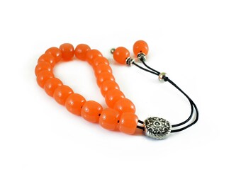 Komboloi, Worry Beads with Orange Barrel Beads and  Metal Master Bead
