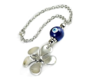 Rearview Car Mirror Charm, Ornament, Decoration, Blue Ceramic Evil Eye Bead, Silver Tone Flower Charm