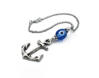Anchor Car Charm, Hanging, Blue Glass Evil Eye Dangler, Ornament, Rear view mirror Jewelry, Nautical Decor