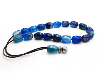 Blue Agate Worry Beads, Greek Komboloi with Metal Beads, Christmas Gift Ideas