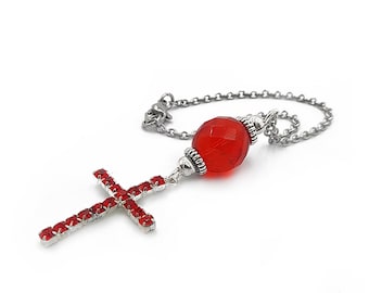 Red Rhinestones Cross Car rearview mirror charm, Hanger, Dangler, Ornament, Gift