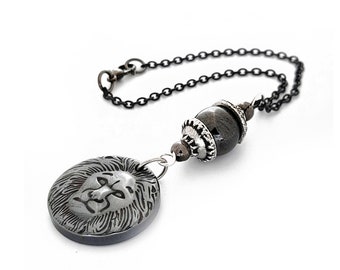 Lion Car Rearview Mirror Charm Hanging Ornament Decor Dangler Gift, Hematite