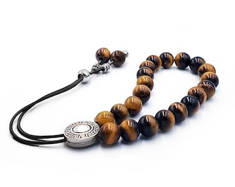 Tiger Eye Komboloi, Greek Worry Beads, Silver tone Metal Shield Bead