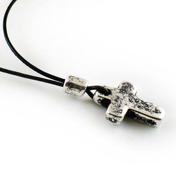 Collier en céramique avec croix plaquée argent, bijoux en cuir pour hommes, réglable