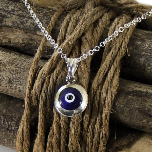 Blue Evil Eye Necklace, Sterling Silver, Greek Mati Jewelry Gift
