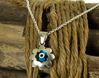 Sterling Silver Blue Evil Eye Necklace, greek mati