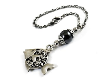 Silver fish rearview car mirror charm hanging, Car auto hanger ornament dangler, Choose Bead, Car Jewelry