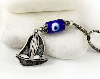 Evil eye keychain Keyring with Blue Glass Eye Bead and Metal Ship Sail Boat Charm, Greek Mati