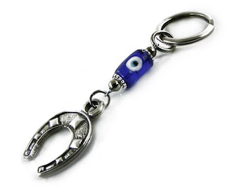 Evil eye keychain Keyring, Blue Glass Eye Bead, Silver Tone Horseshoe Charm, Greek Mati Keychain, New Car Gift