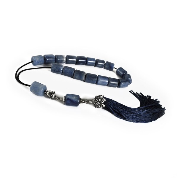 Greek Worry Beads, Komboloi, Blue Agate Stone Tube Beads, Meditation Worry Beads, Hellenic Beads, Blue Tassel,