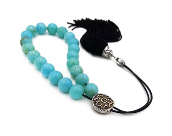 Green Blue Worry Beads, Komboloi with Metal Master Bead and Handmade Tassel, Unisex gift