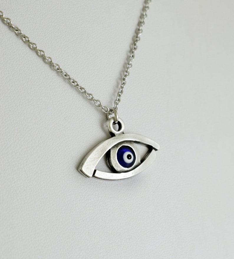 Evil Eye Necklace Blue Greek Mati Hamsa Silver Tone Pendant - Etsy