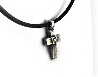 Silver Cross Pendant on Black Leather Mens Necklace, Religious Jewelry, Gift for him