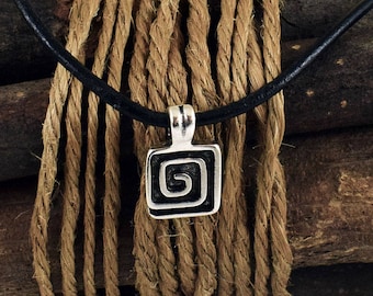 Greek Key Mens Leather Necklace, Meander Geometric Spiral Squared Design Pendant Jewelry