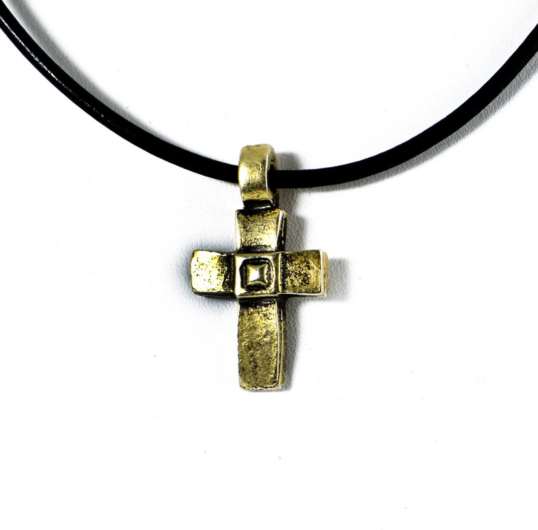 Men Cross Necklace, Black Leather Necklace, Golden Cross Pendant