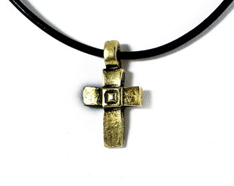 Men Cross Necklace, Black Leather Necklace, Golden Cross Pendant, Christian Jewelry, Leather Jewelry, Boyfriend Gift