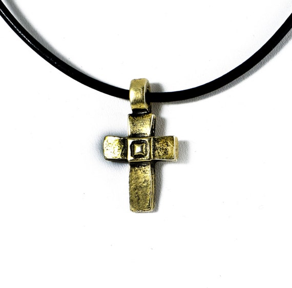 Small Mens Stainless Steel Cross Pendant on Black Leather Cord - 16 Inch -  Walmart.com