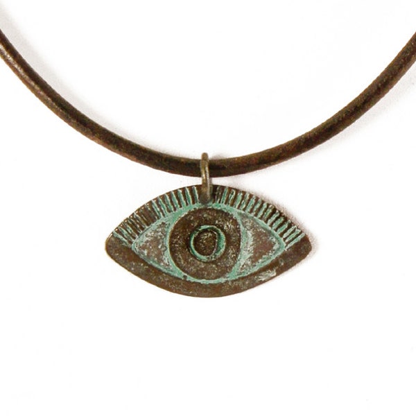 Greek Evil Eye Necklace with Large Patina Pendant on Leather Cord, Greek Mati, Gift for Her and Him