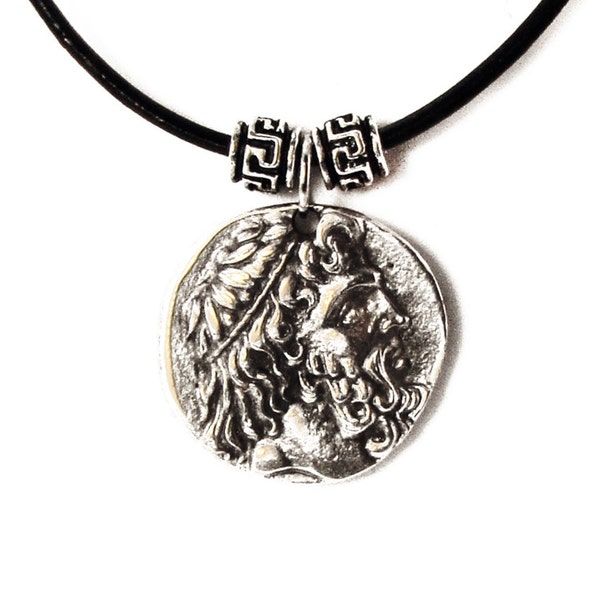 Greek Coin Necklace, Poseidon God and Nike Pendant on Black Leather Cord, Unisex