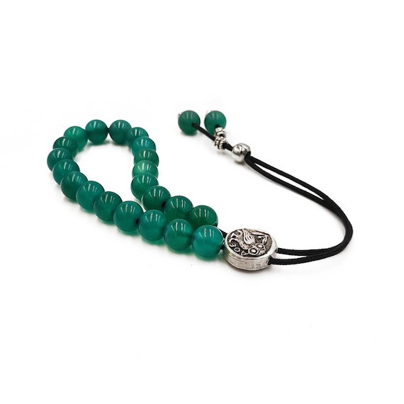 Green Agate Greek Komboloi, Athena Owl Worry Beads